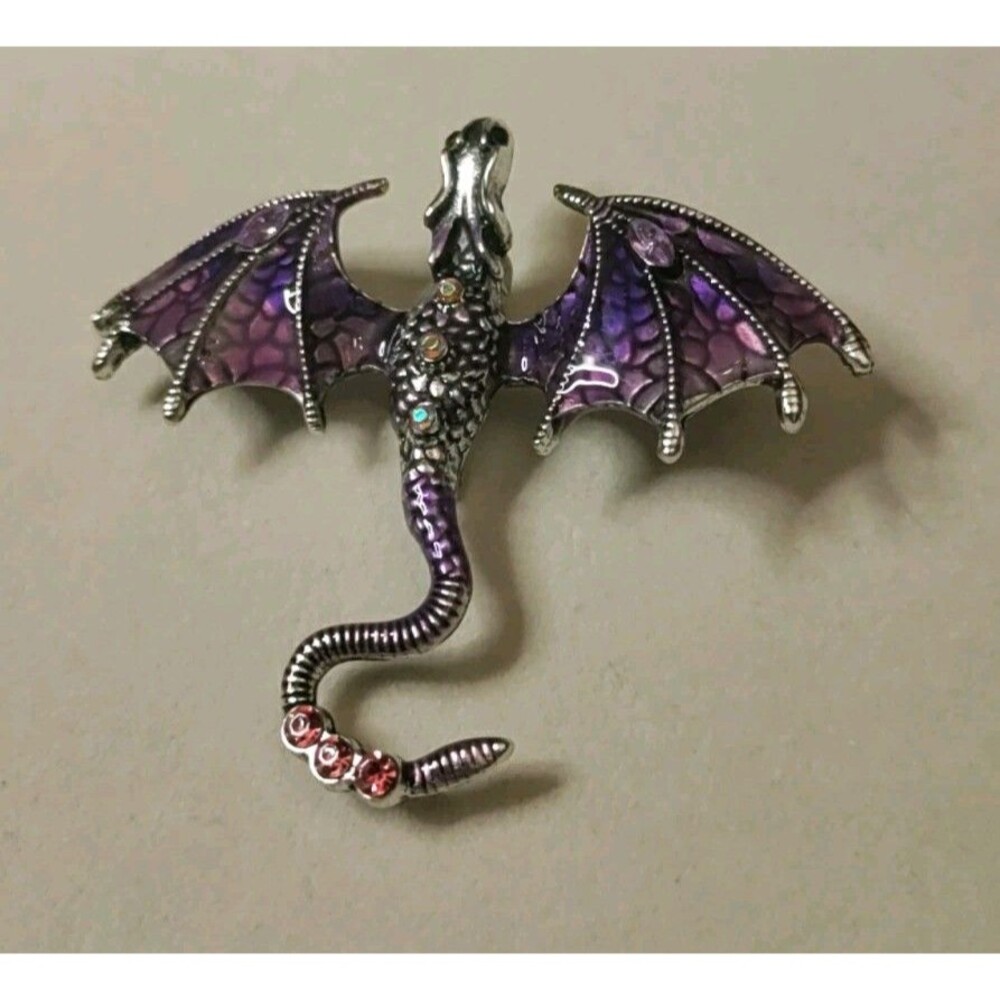 Purple & Silver Tone Enamel Dragon Brooch